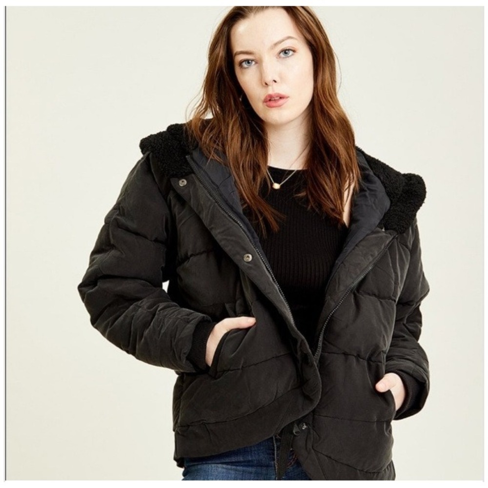 Free People FP Movement Chill Factor Puffer Jacket Black Sherpa Hooded S/P